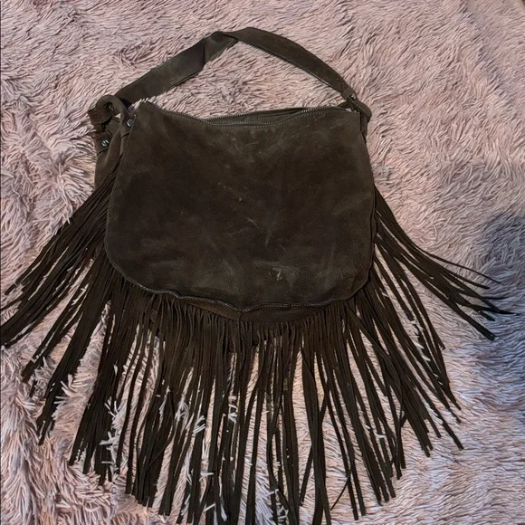Fringed Brown Suede Shoulder Bag - Picture 1 of 6